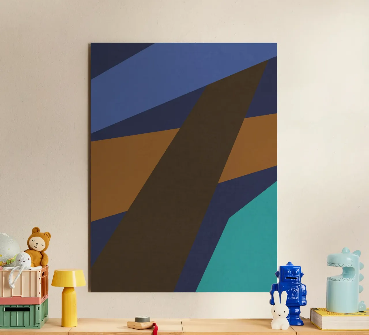 Design geometrico retrò in blu, marrone e verde mare alluminio dibond da Petra Lang