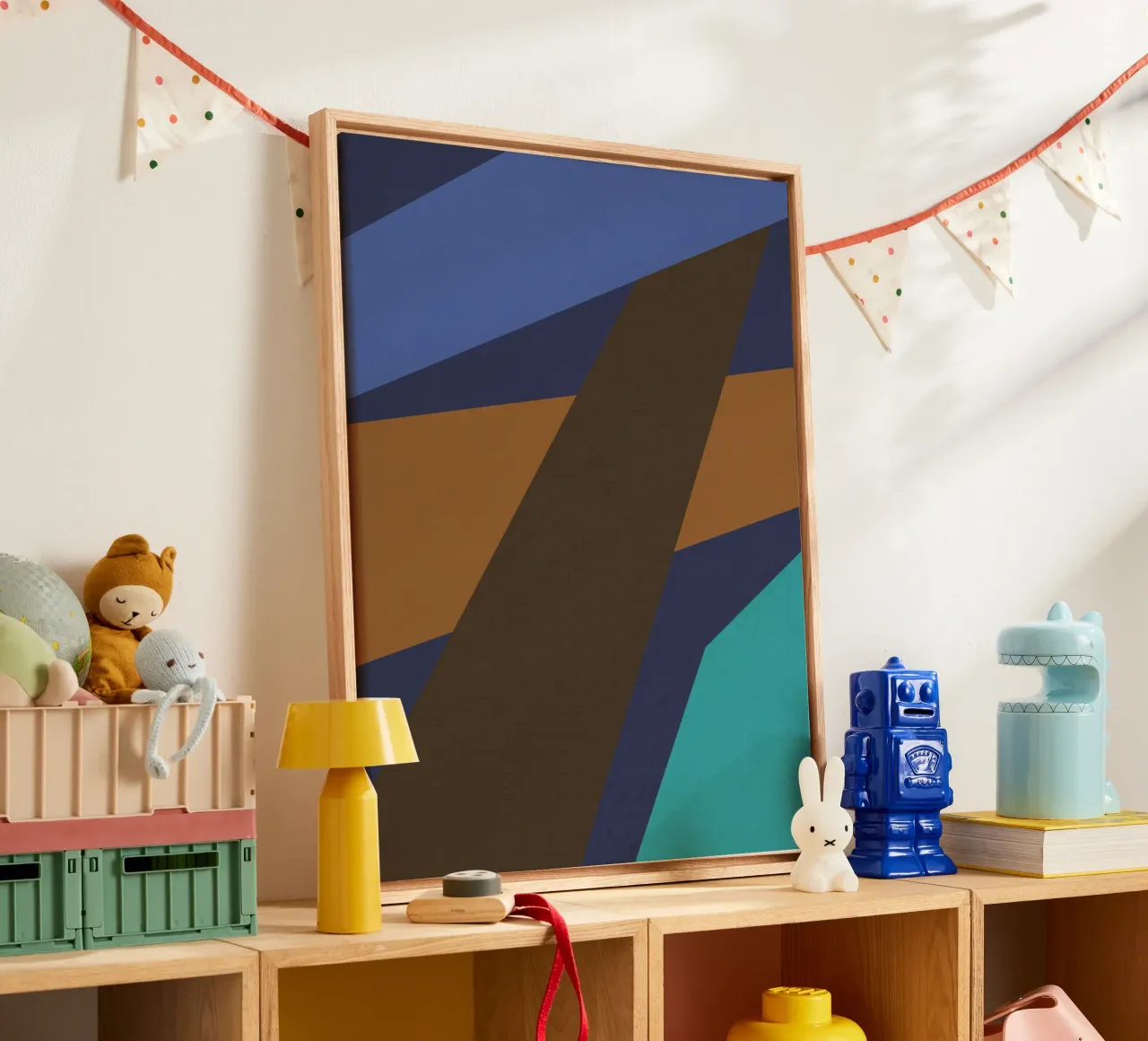 Retro geometrisch ontwerp in blauw, bruin en zeegroen canvas met Baklijst van Petra Lang