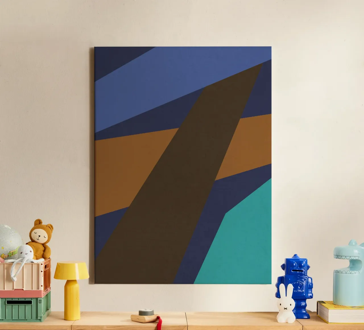 Retro geometrisch ontwerp in blauw, bruin en zeegroen canvas met Baklijst van Petra Lang