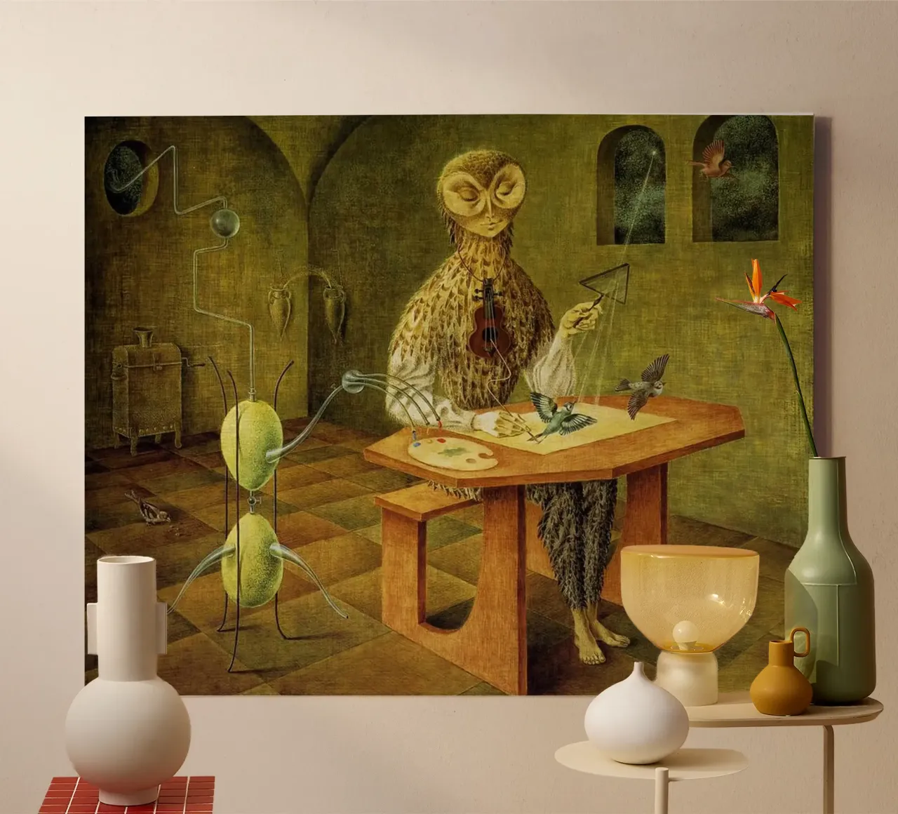 Remedios Varo Creation of Birds canvas with Floater frame by Kunze Gallery