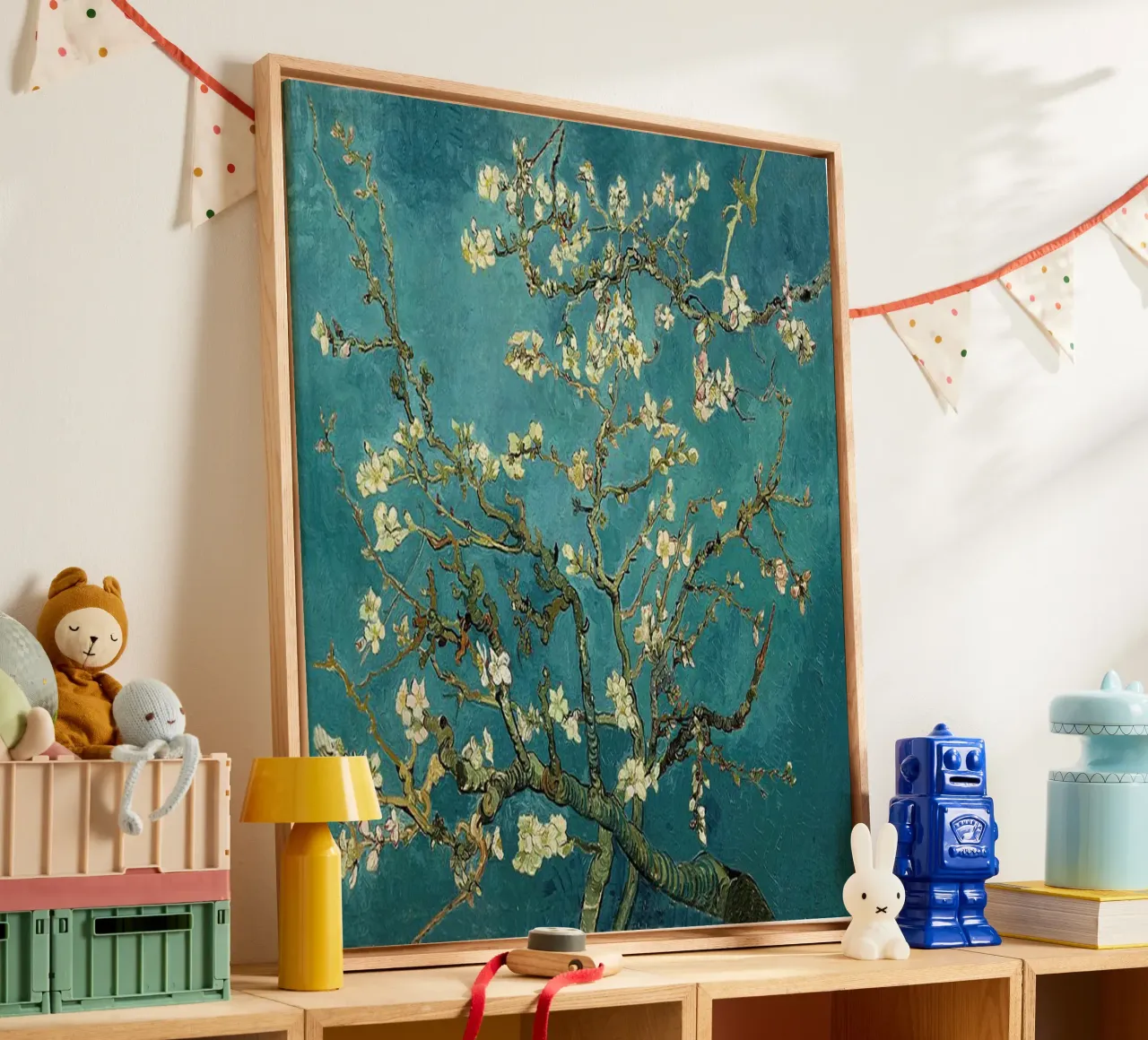 amandelbloesems blauwe achtergrond canvas met Baklijst van cloud shop