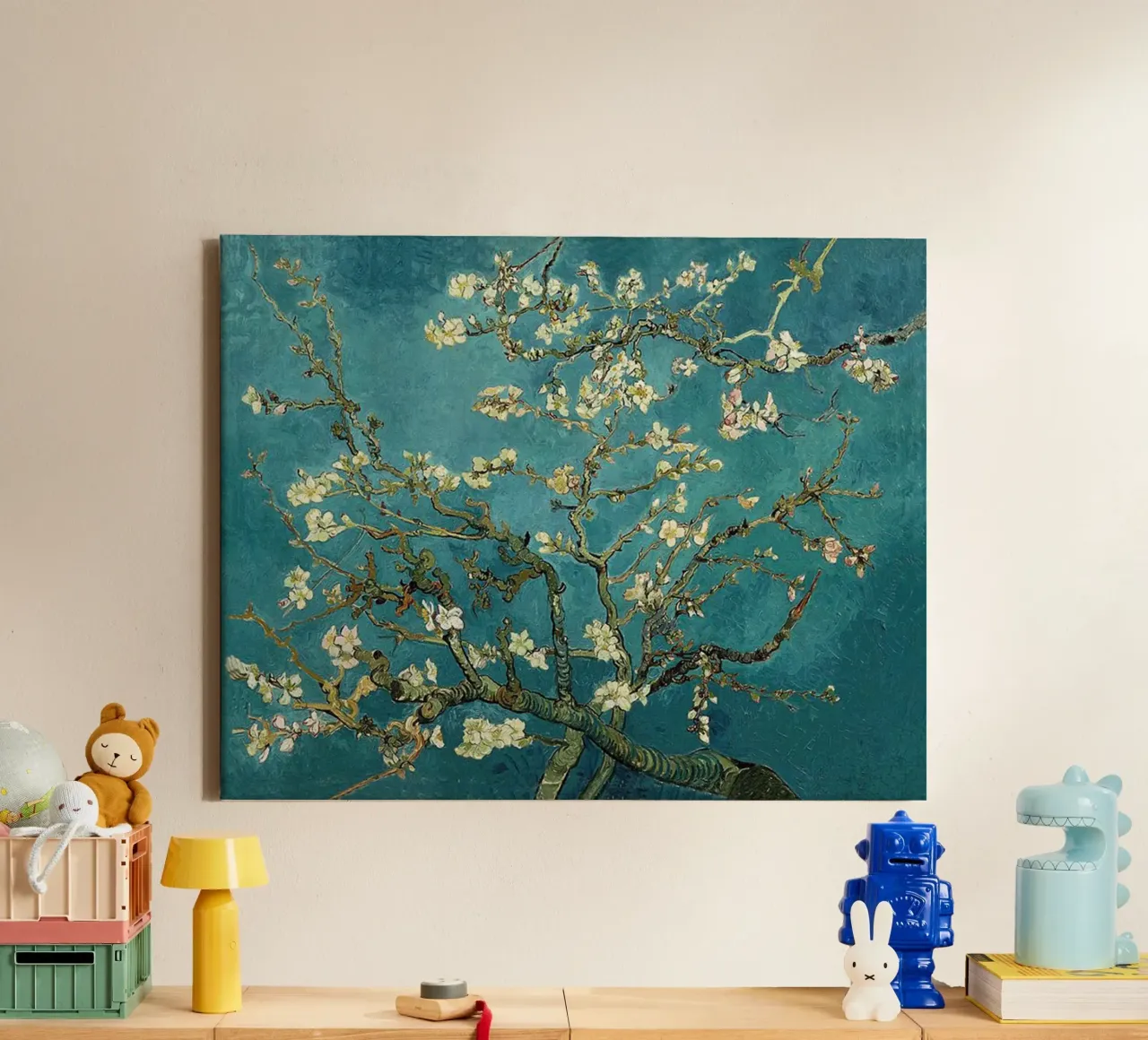 amandelbloesems blauwe achtergrond canvas met Baklijst van cloud shop