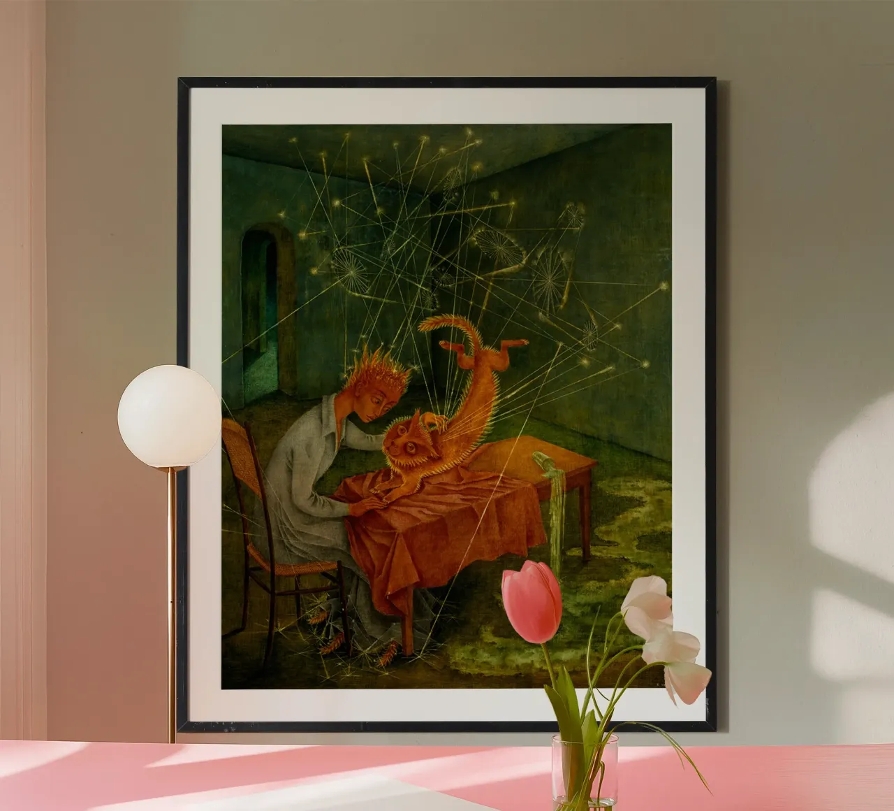 Remedios Varo Simpatía (The Rabies of the Cat) poster with wooden frame by Kunze Gallery