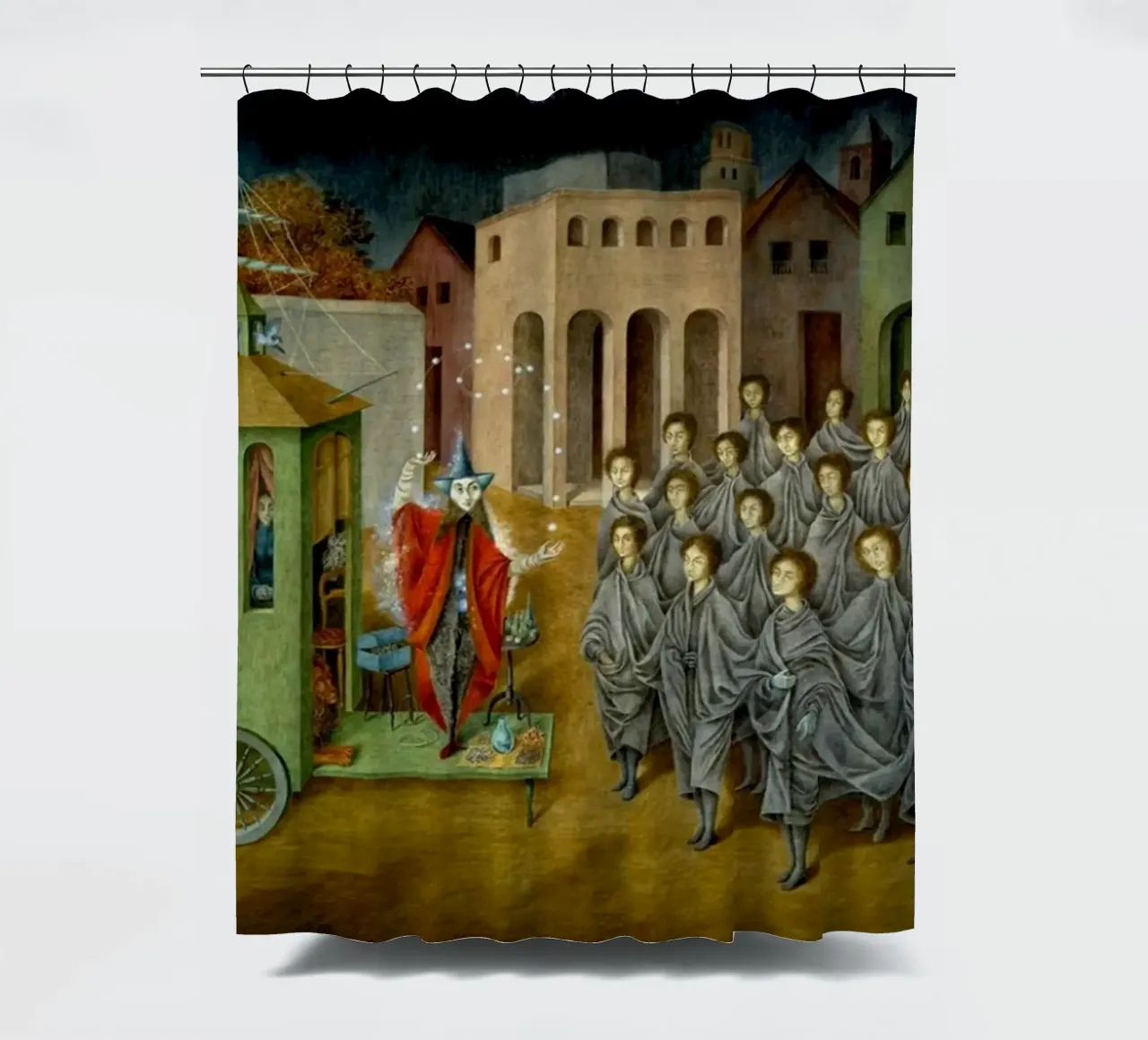 Remedios Varo Der Gaukler (Der Magier) Duschvorhang von Kunze Gallery