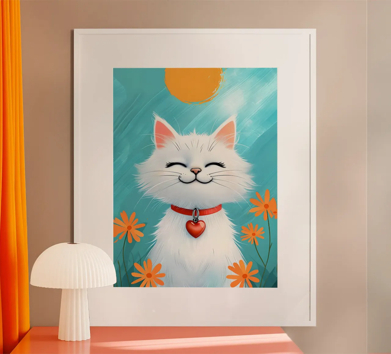 Pendentif "Happy White Cat with Heart" (chat blanc joyeux avec cœur) poster avec cadre en bois de 🥝 KIWI STORE