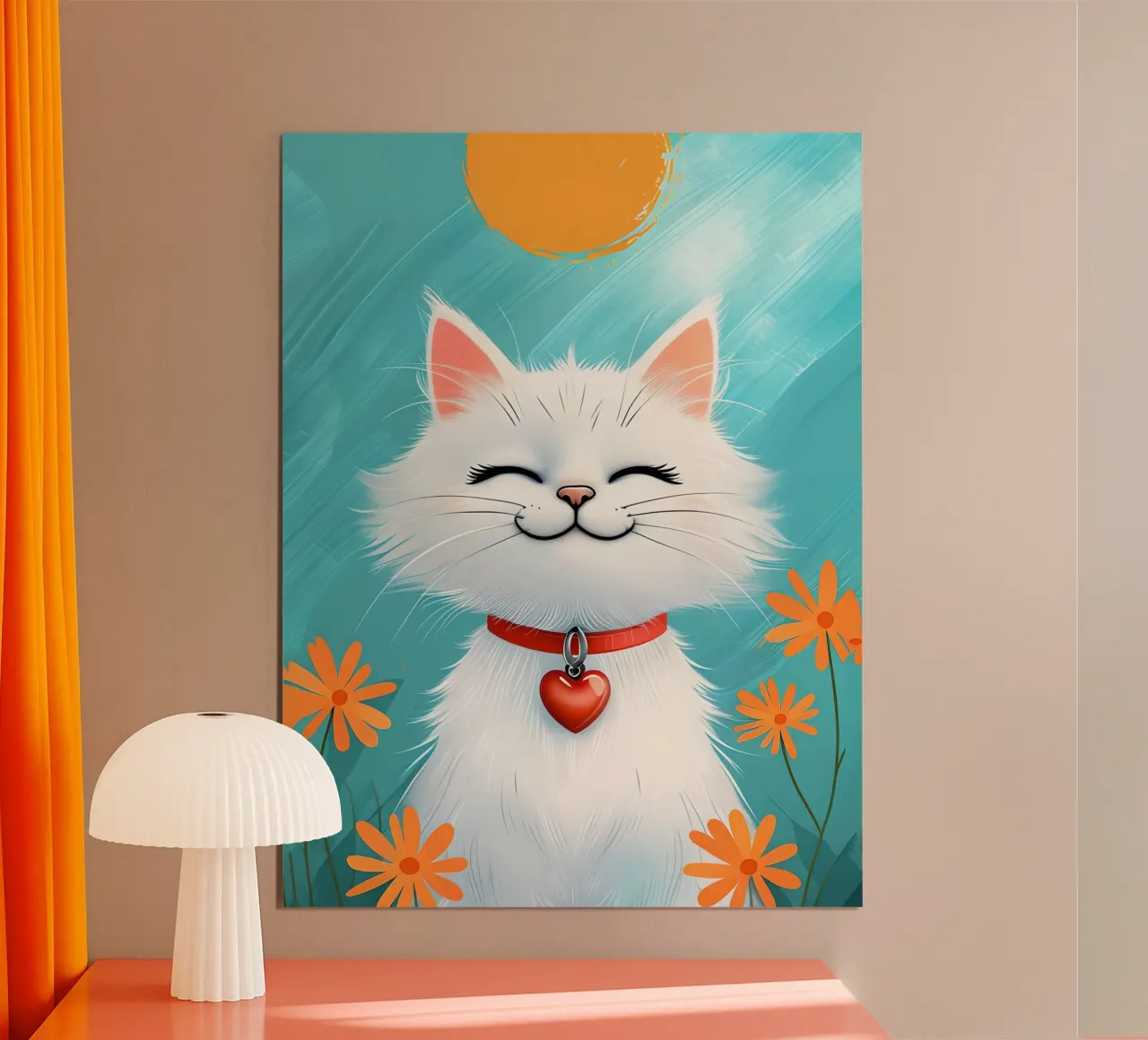 Pendentif "Happy White Cat with Heart" (chat blanc joyeux avec cœur) poster avec cadre en bois de 🥝 KIWI STORE