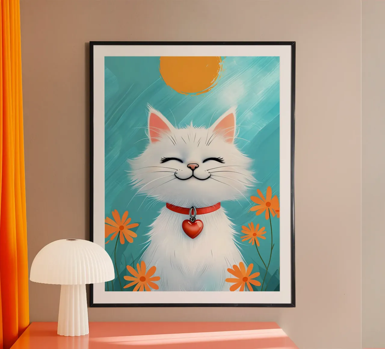 Pendentif "Happy White Cat with Heart" (chat blanc joyeux avec cœur) poster avec cadre en bois de 🥝 KIWI STORE