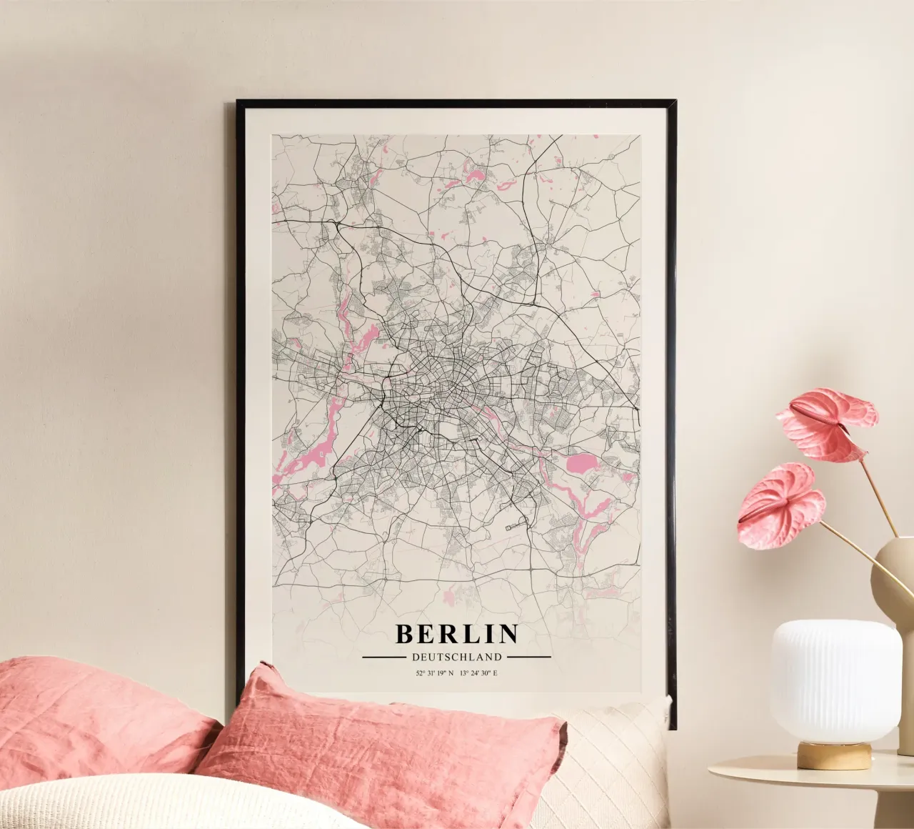 Elegante Berlijn Poster - Abstracte Stadsplattegrond poster met kunststof frame van CityMapPoster