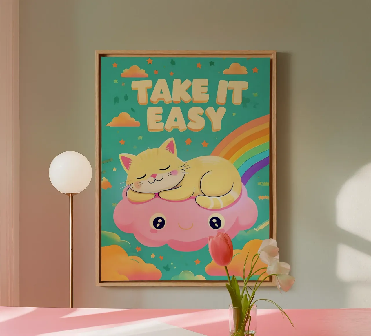 Cartone animato del gatto Take It Easy tela con Cornice a cassetta da 🥝 KIWI STORE