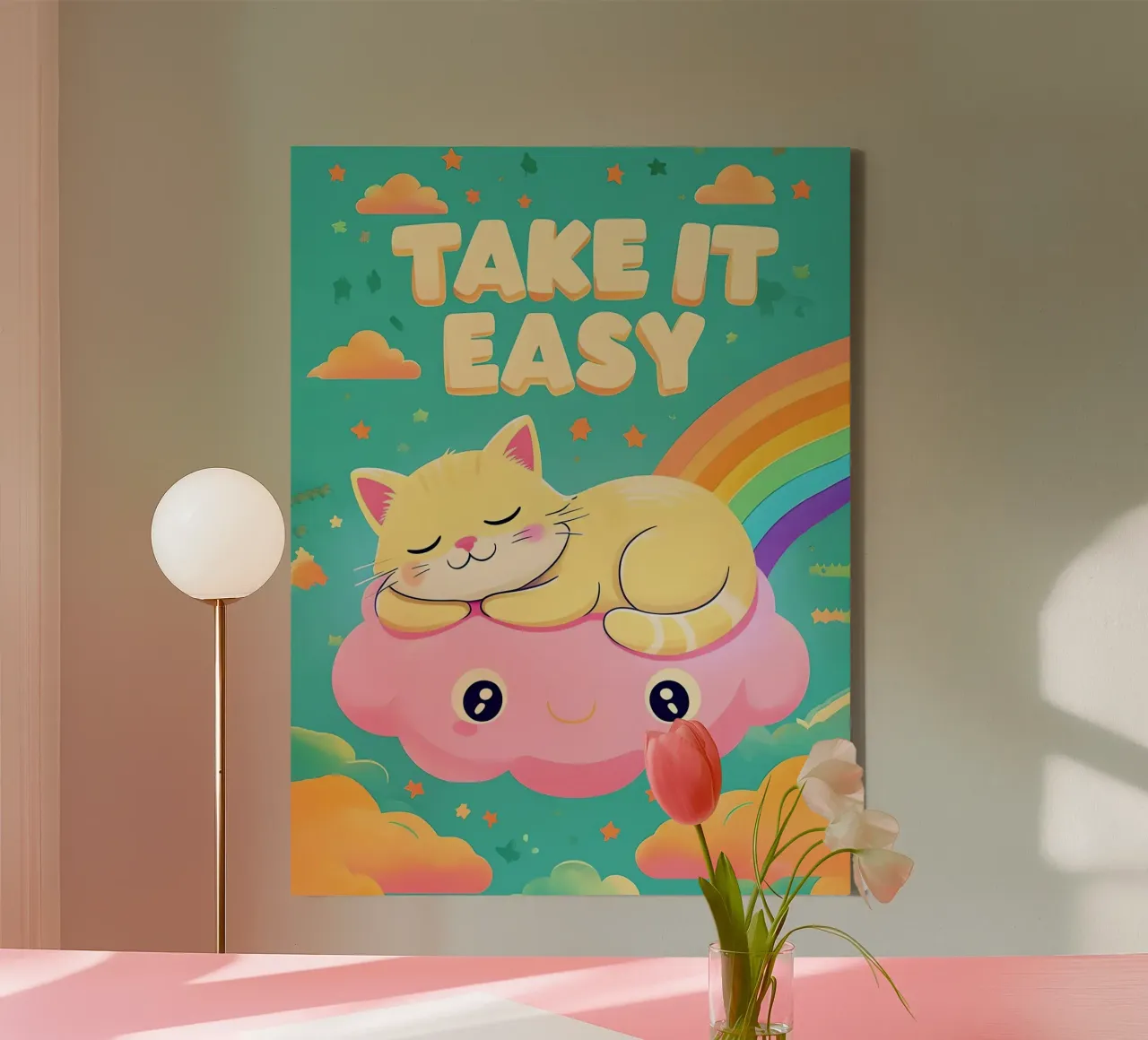 Cartone animato del gatto Take It Easy tela con Cornice a cassetta da 🥝 KIWI STORE