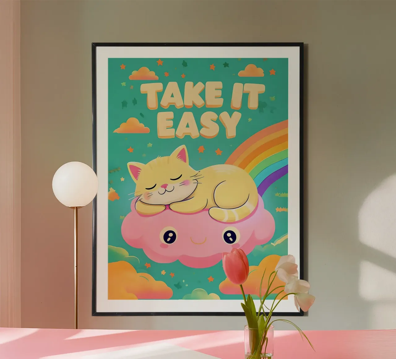 Dibujos animados de gatos Take It Easy poster con marco de plástico de 🥝 KIWI STORE