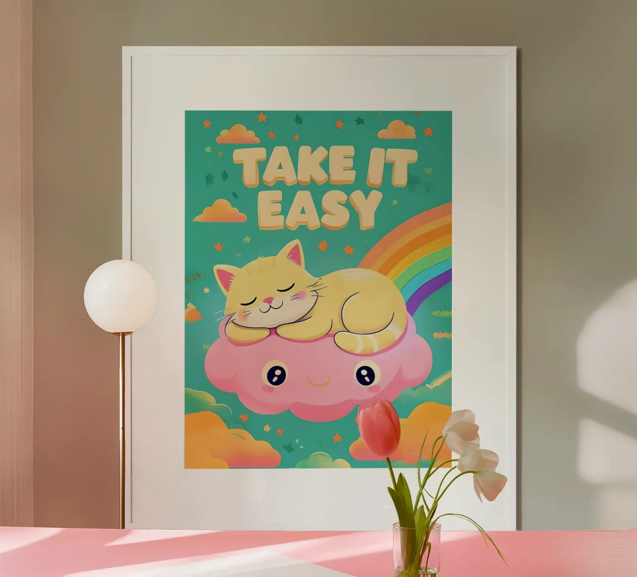 Dibujos animados de gatos Take It Easy poster con marco de plástico de 🥝 KIWI STORE