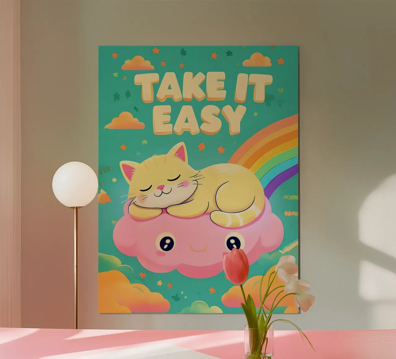 Dibujos animados de gatos Take It Easy poster con marco de plástico de 🥝 KIWI STORE