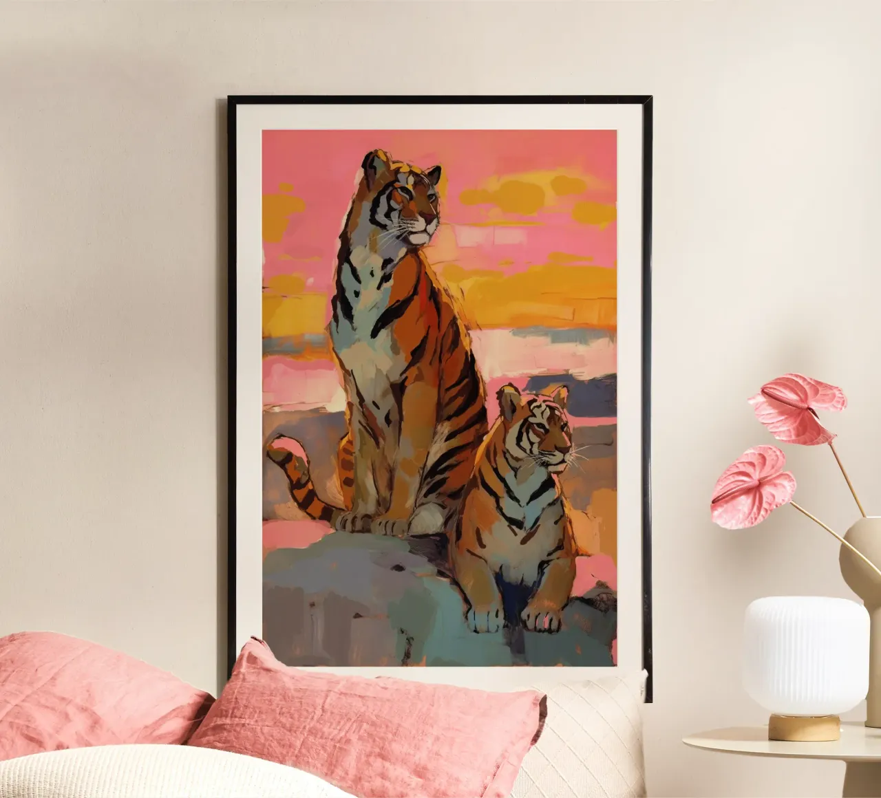 Tigers At Sunset poster con telaio in plastica da treechild
