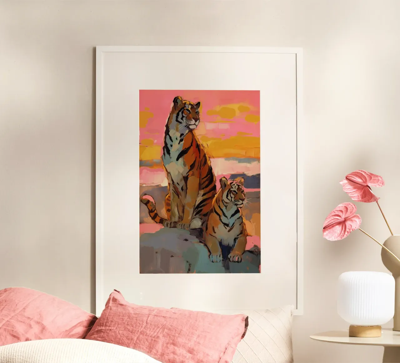 Tigers At Sunset poster con telaio in plastica da treechild