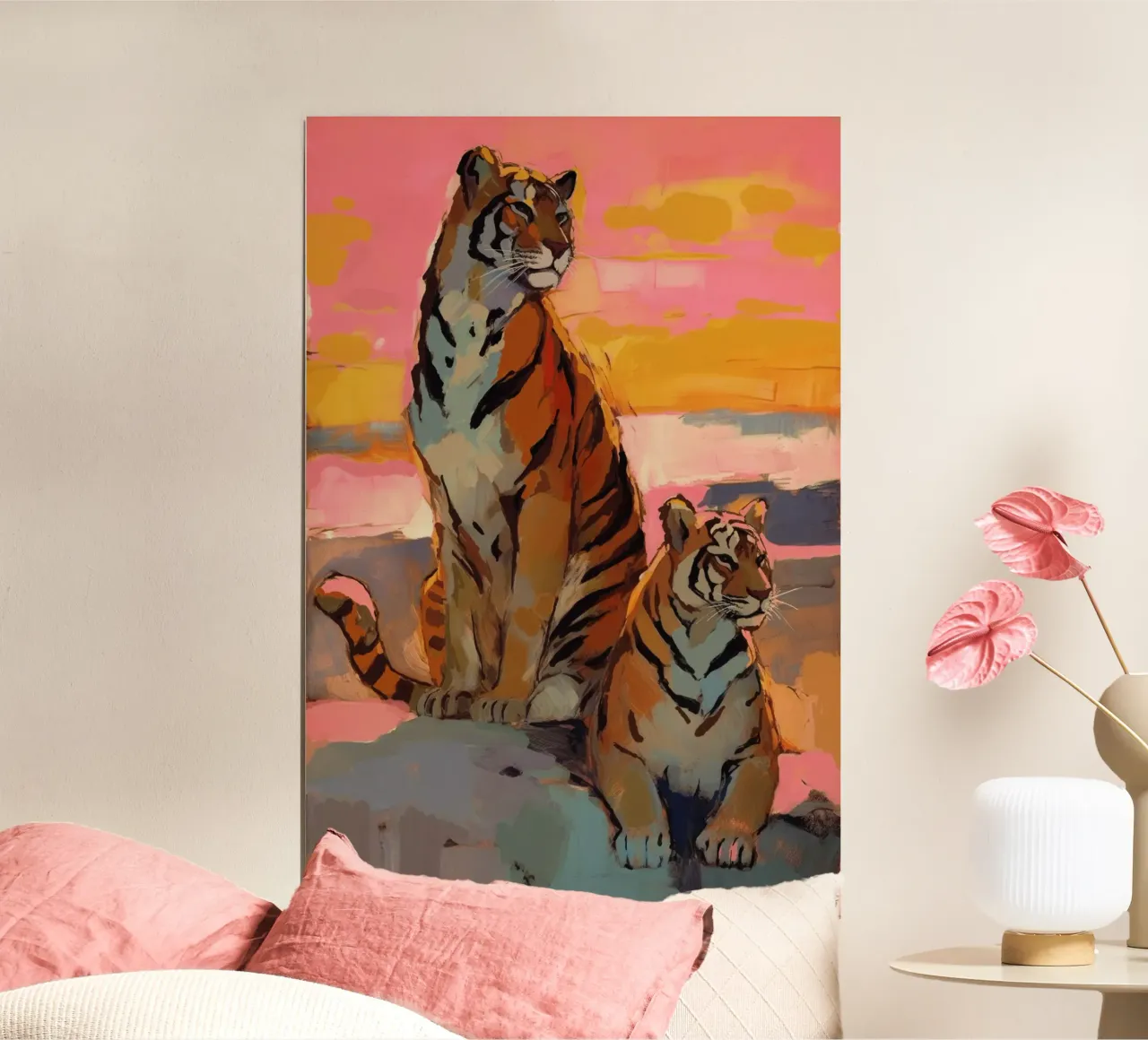 Tigers At Sunset poster con telaio in plastica da treechild