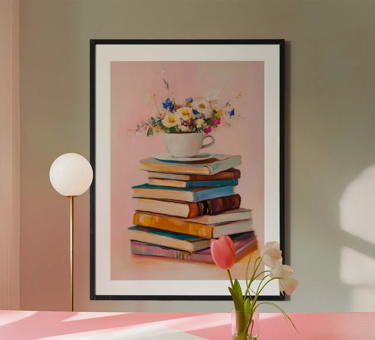 Floral Still Life with Books and Teacup Art Print poster by vintagepod