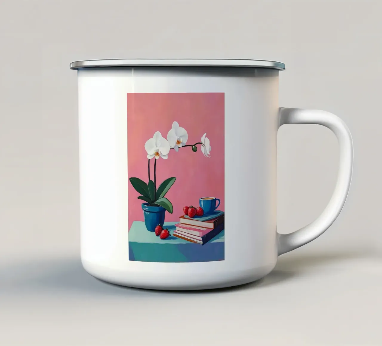 Natura morta di orchidee con caffè e libri Stampa pop art tazza in smalto da vintagepod