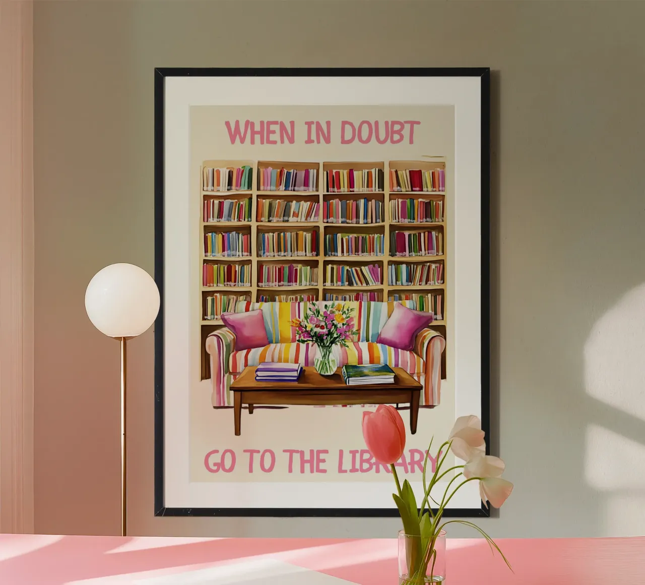 "Go to the Library" Cozy Reading Nook Poster poster with plastic frame by vintagepod