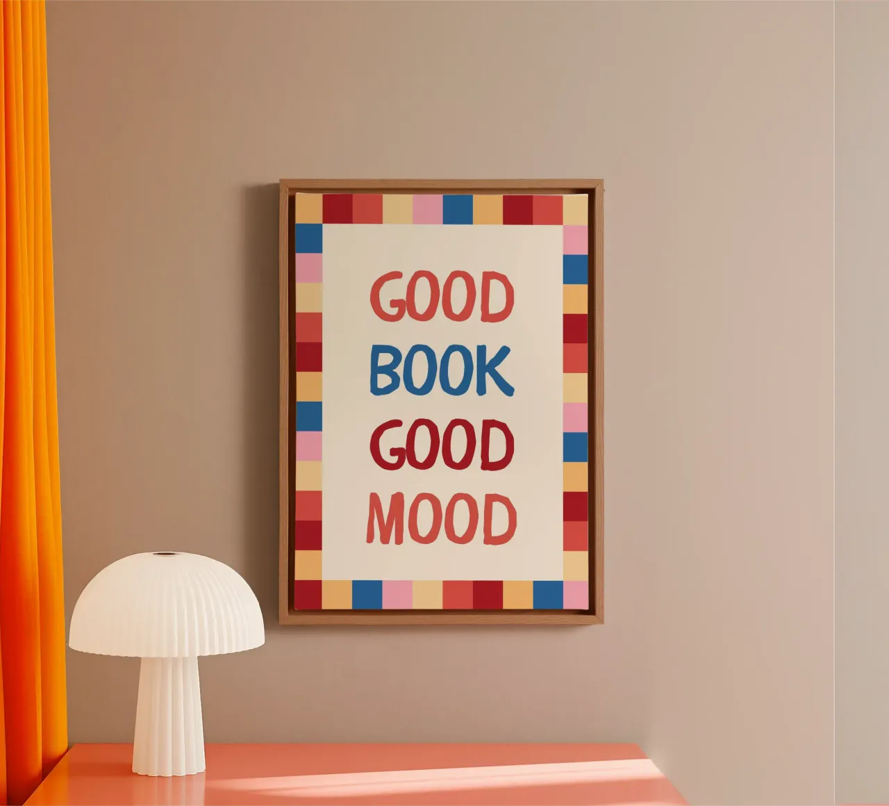 "Poster con citazione colorata "Buon libro, buon umore tela con Cornice a cassetta da vintagepod