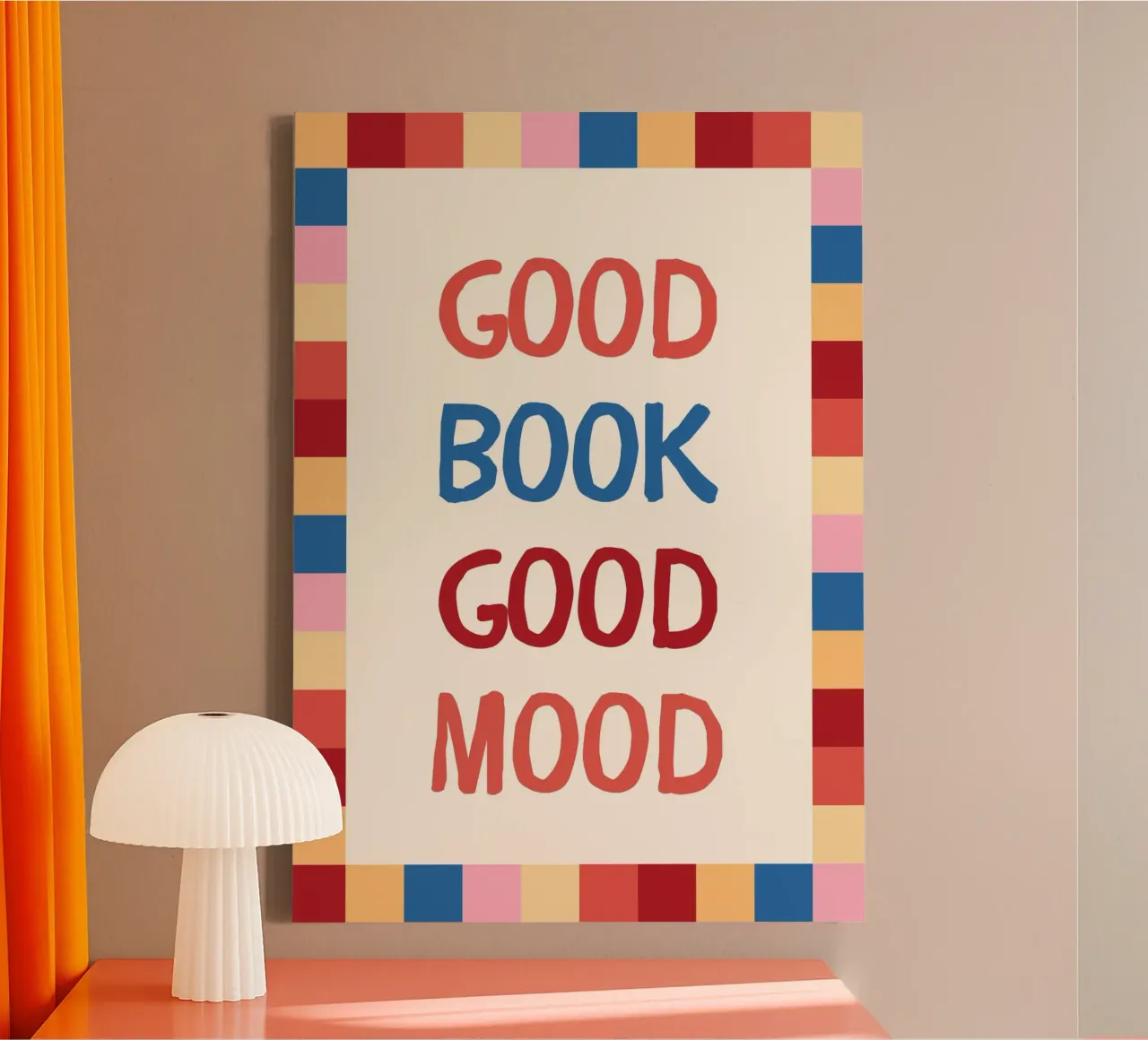 "Poster con citazione colorata "Buon libro, buon umore tela con Cornice a cassetta da vintagepod