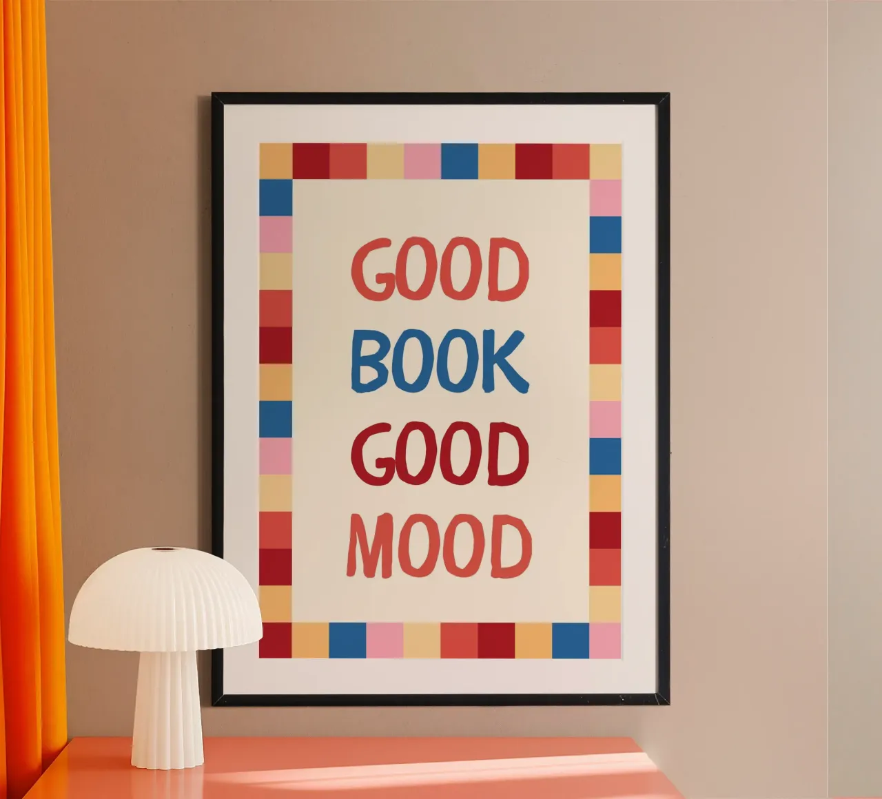"Poster con citazione colorata "Buon libro, buon umore poster con telaio in plastica da vintagepod