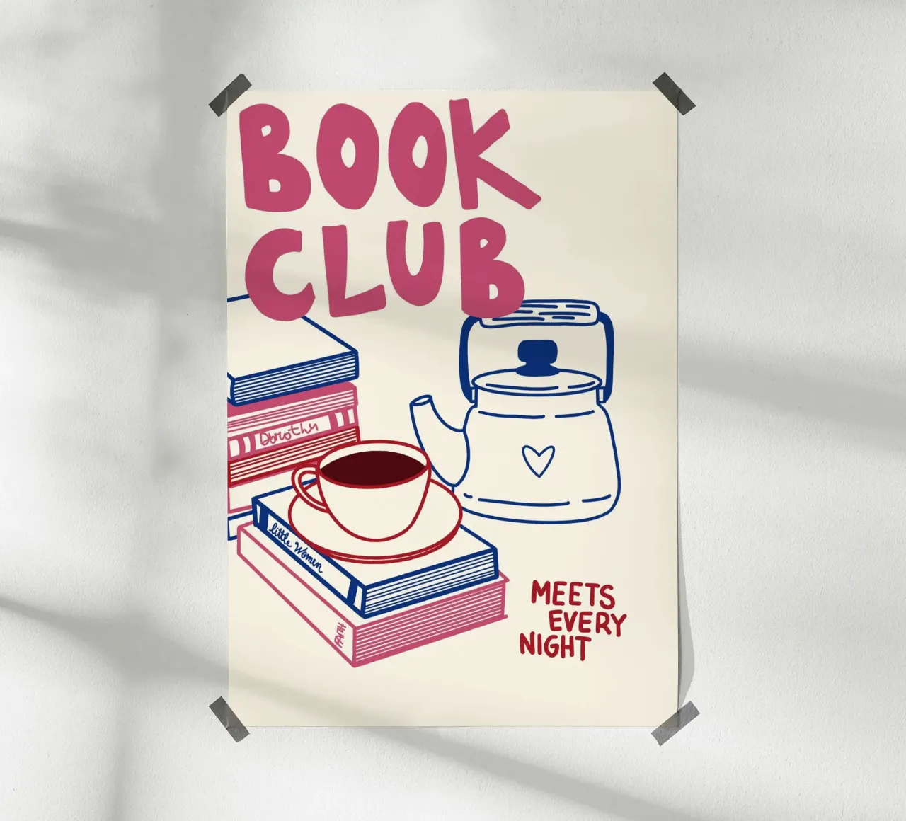 "Club de lecture se réunissant tous les soirs" Imprimé d'art douillet poster avec cadre en aluminium de vintagepod