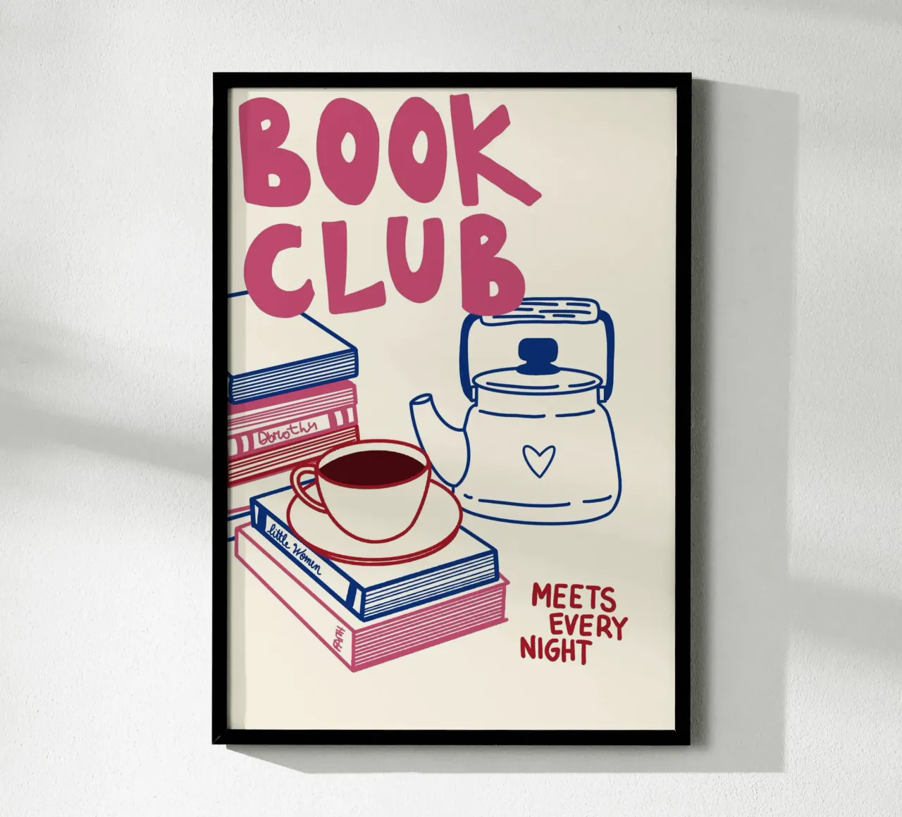 "Club de lecture se réunissant tous les soirs" Imprimé d'art douillet poster avec cadre en aluminium de vintagepod