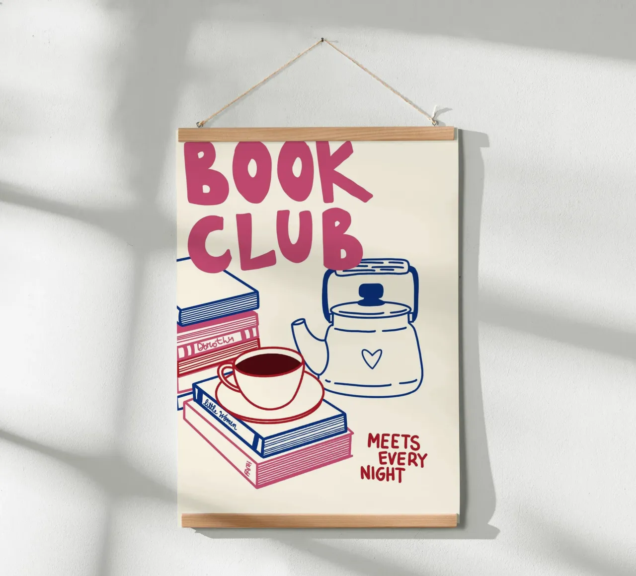 "Club de lecture se réunissant tous les soirs" Imprimé d'art douillet poster avec cadre en aluminium de vintagepod