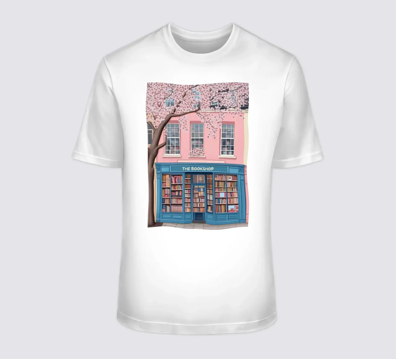 Illustrazione di una libreria di charme con fiori di ciliegio t-shirt da vintagepod