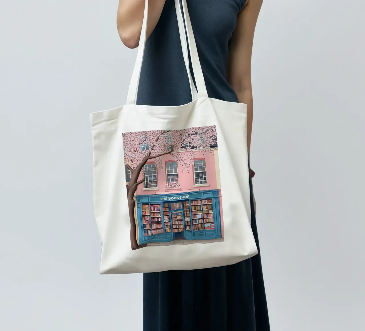 Illustrazione di una libreria di charme con fiori di ciliegio borsa in juta da vintagepod