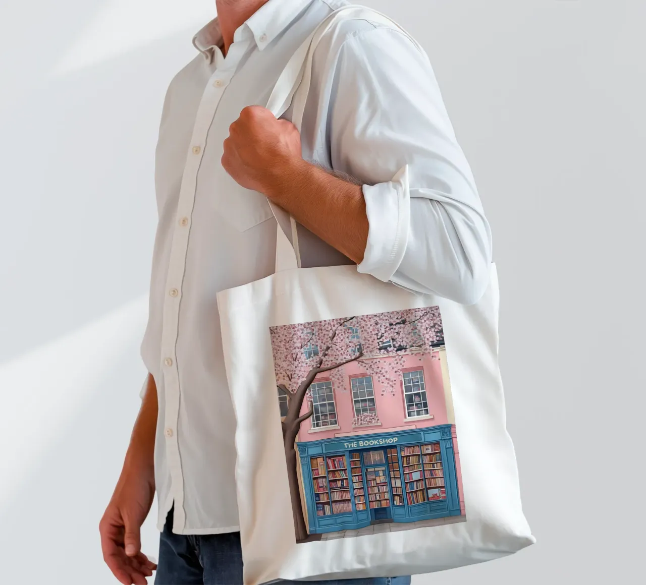 Illustrazione di una libreria di charme con fiori di ciliegio borsa in juta da vintagepod