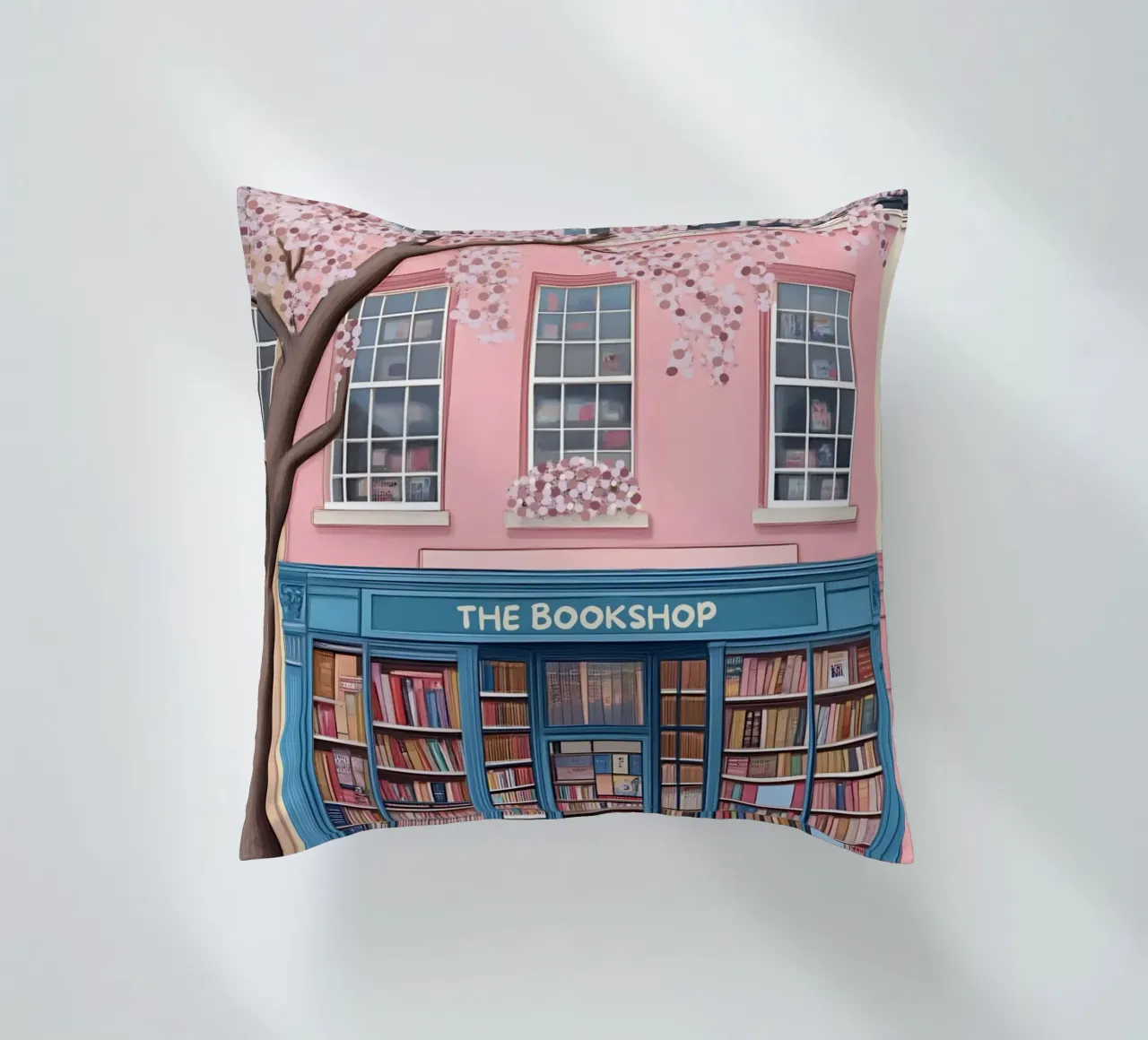 Illustrazione di una libreria di charme con fiori di ciliegio cuscino da vintagepod