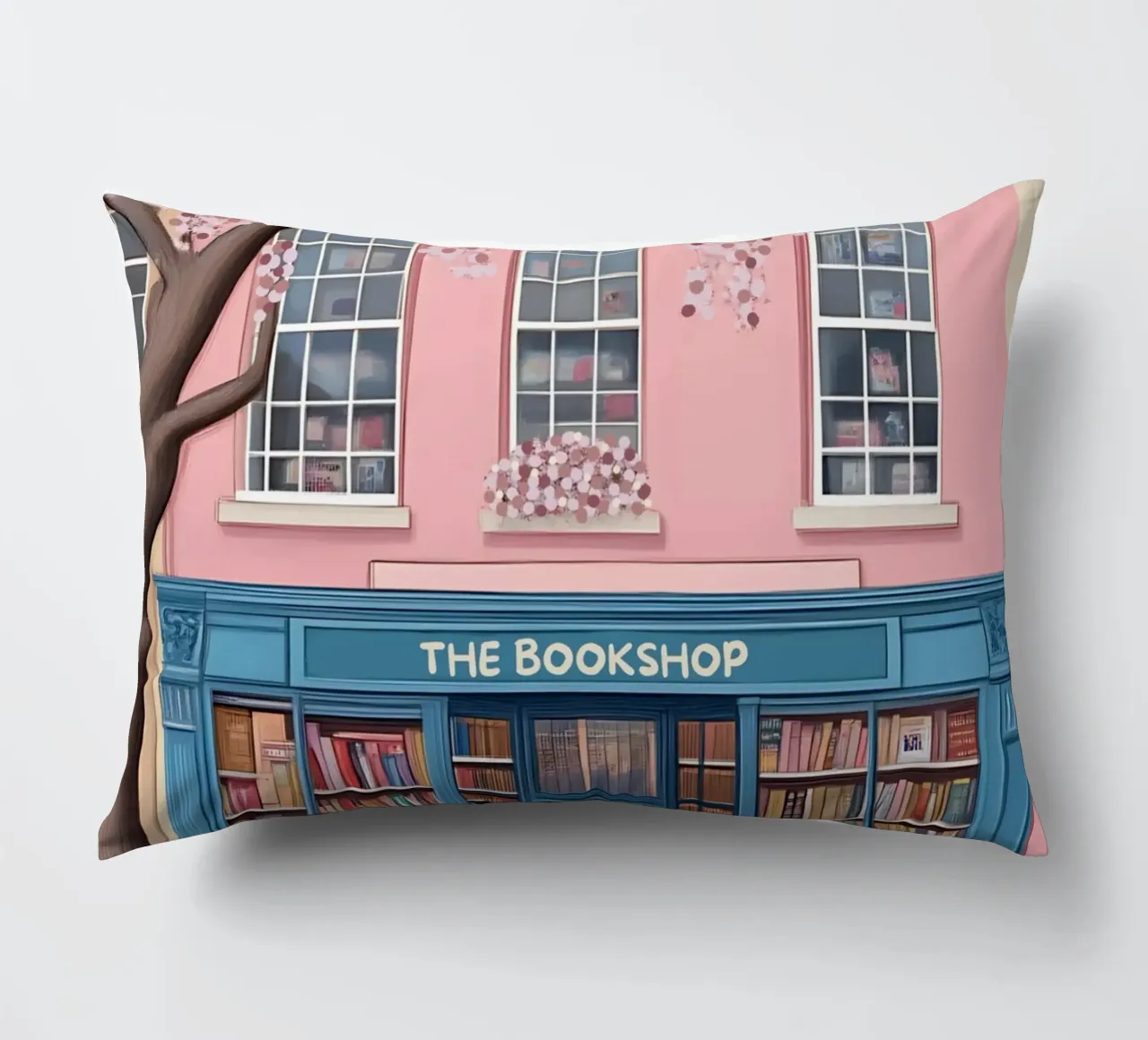 Illustrazione di una libreria di charme con fiori di ciliegio cuscino da vintagepod