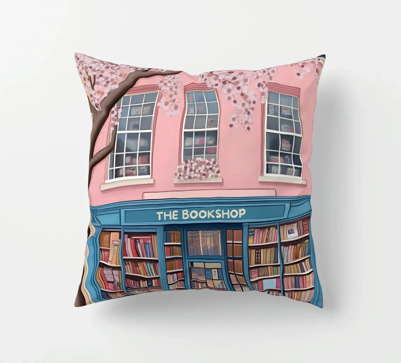 Illustrazione di una libreria di charme con fiori di ciliegio cuscino da vintagepod