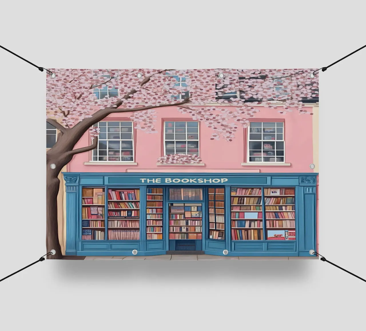 Illustrazione di una libreria di charme con fiori di ciliegio telo in pvc da vintagepod