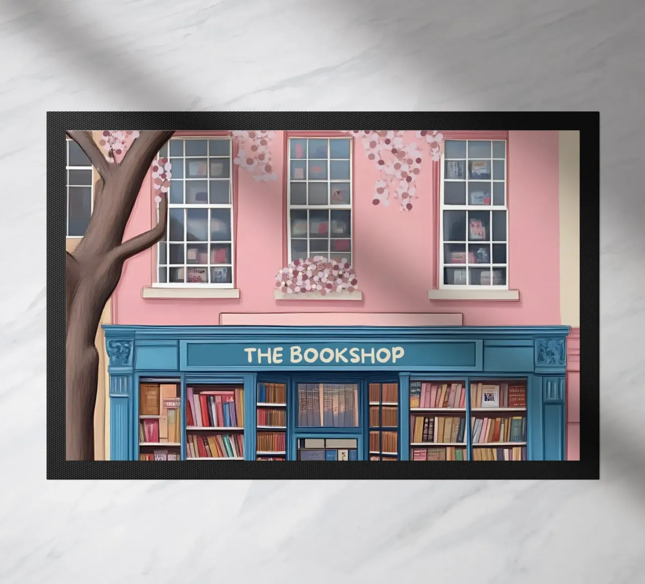 Illustrazione di una libreria di charme con fiori di ciliegio zerbino da vintagepod