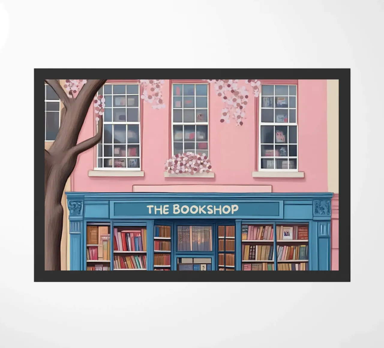 Illustrazione di una libreria di charme con fiori di ciliegio zerbino da vintagepod