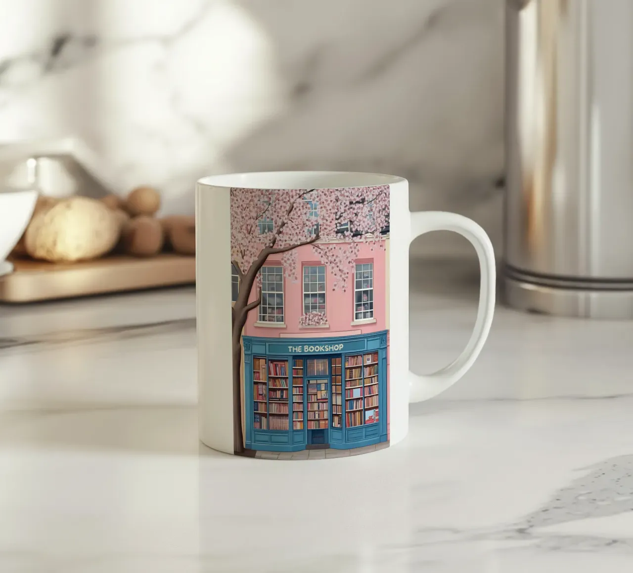 Illustrazione di una libreria di charme con fiori di ciliegio tazza in ceramica da vintagepod