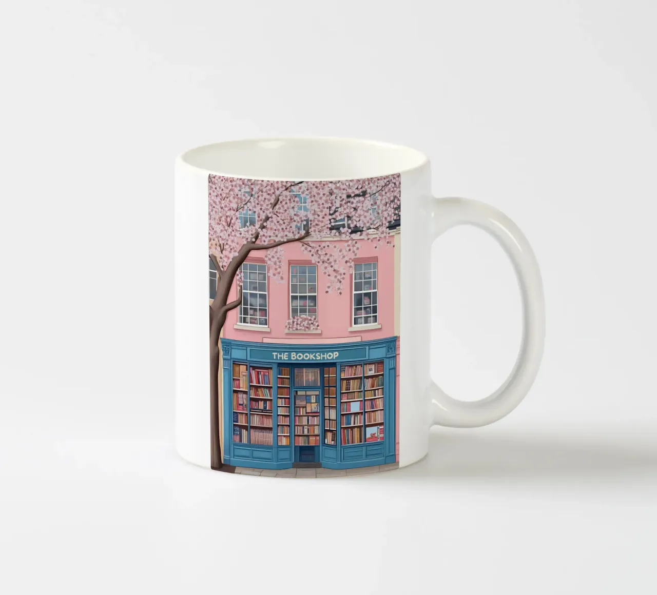 Illustrazione di una libreria di charme con fiori di ciliegio tazza in ceramica da vintagepod