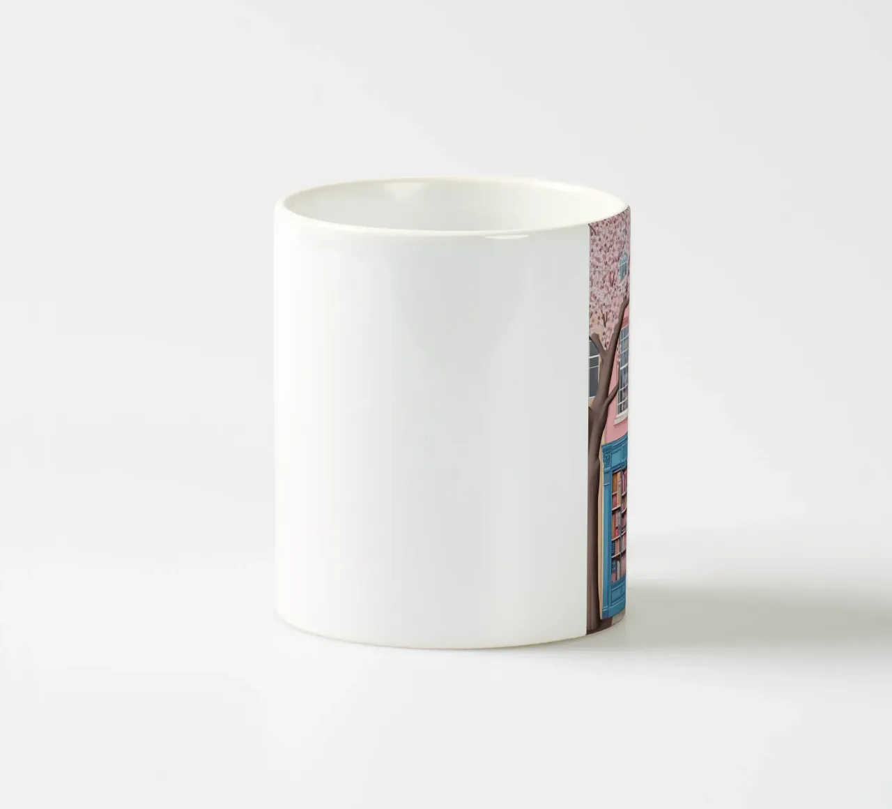 Illustrazione di una libreria di charme con fiori di ciliegio tazza in ceramica da vintagepod