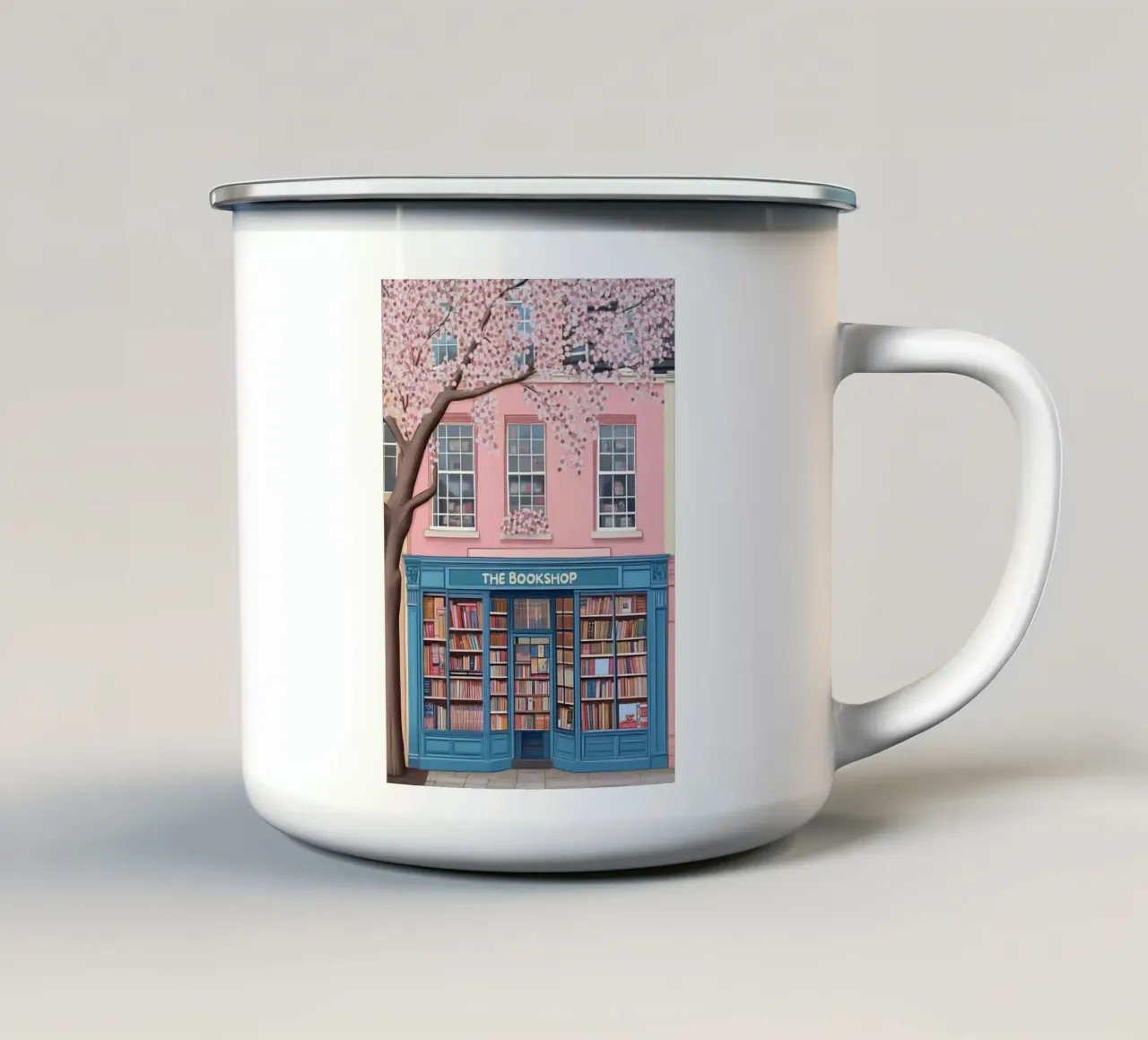 Illustrazione di una libreria di charme con fiori di ciliegio tazza in smalto da vintagepod