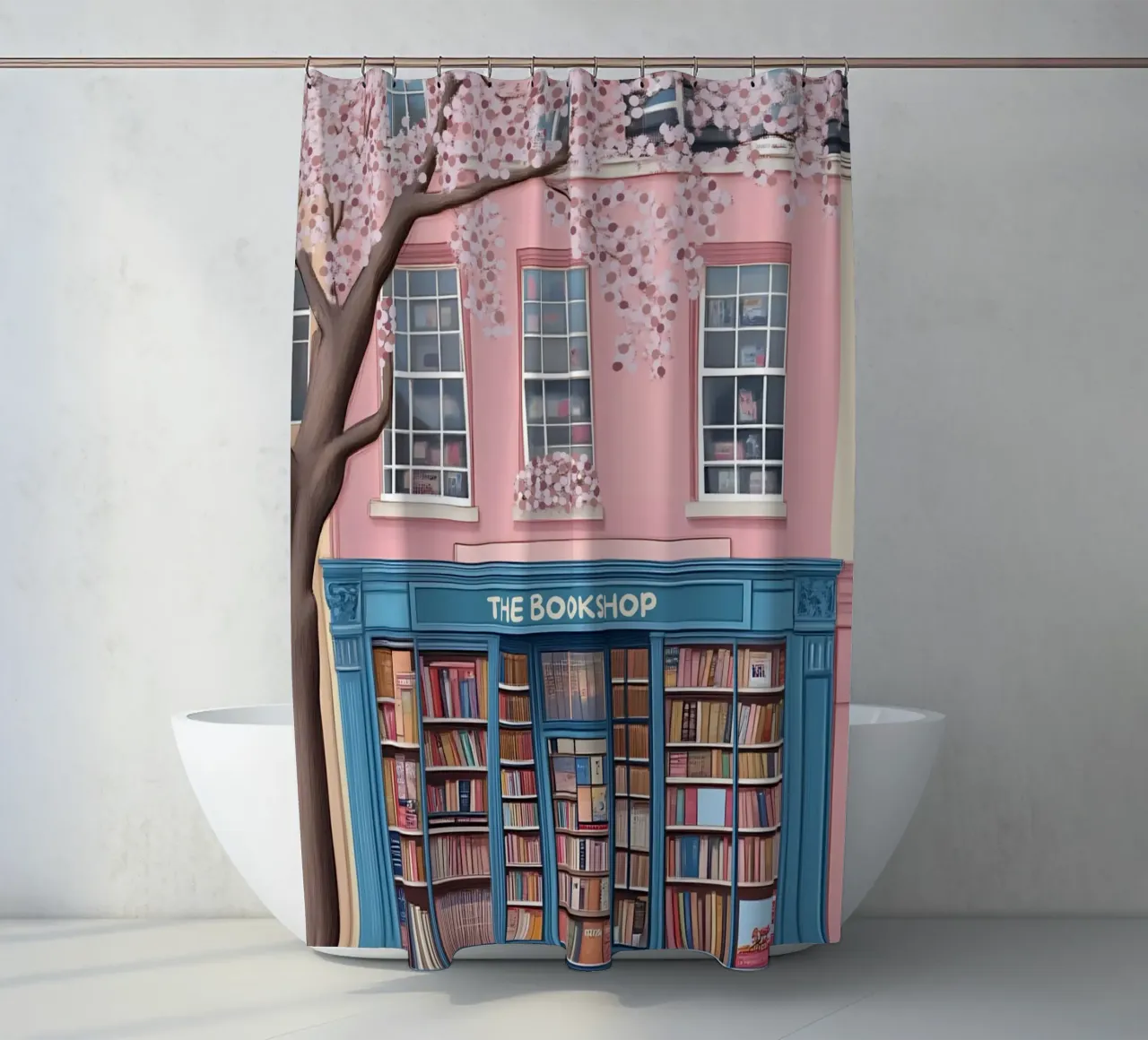 Illustrazione di una libreria di charme con fiori di ciliegio tenda da doccia da vintagepod