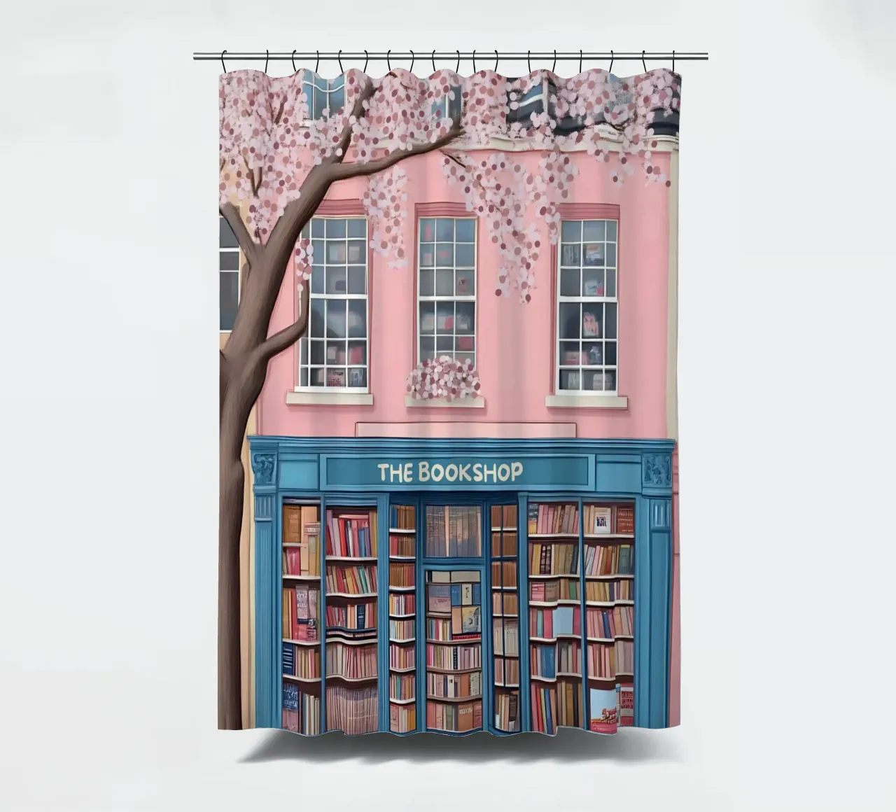 Illustrazione di una libreria di charme con fiori di ciliegio tenda da doccia da vintagepod