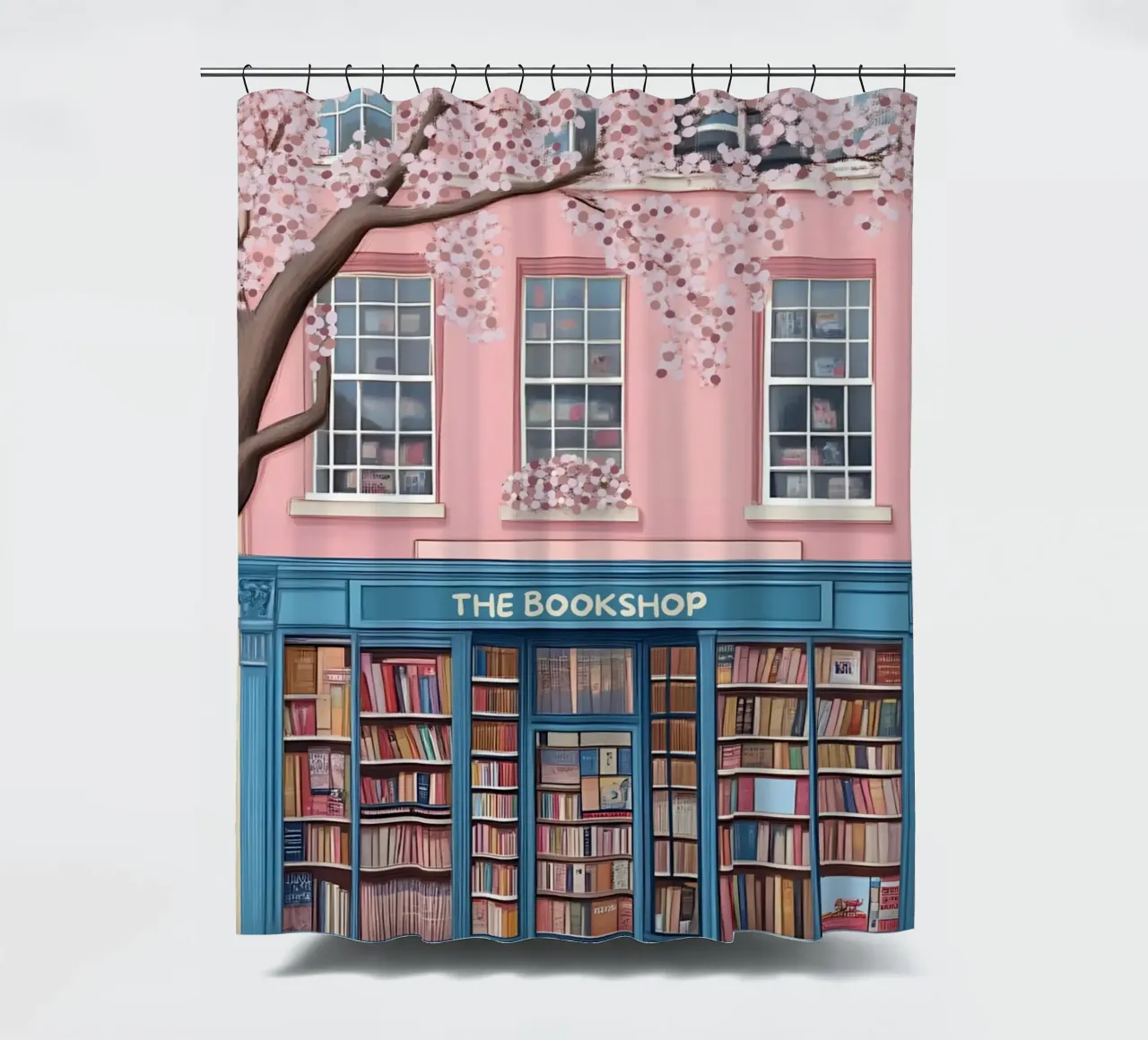 Illustrazione di una libreria di charme con fiori di ciliegio tenda da doccia da vintagepod