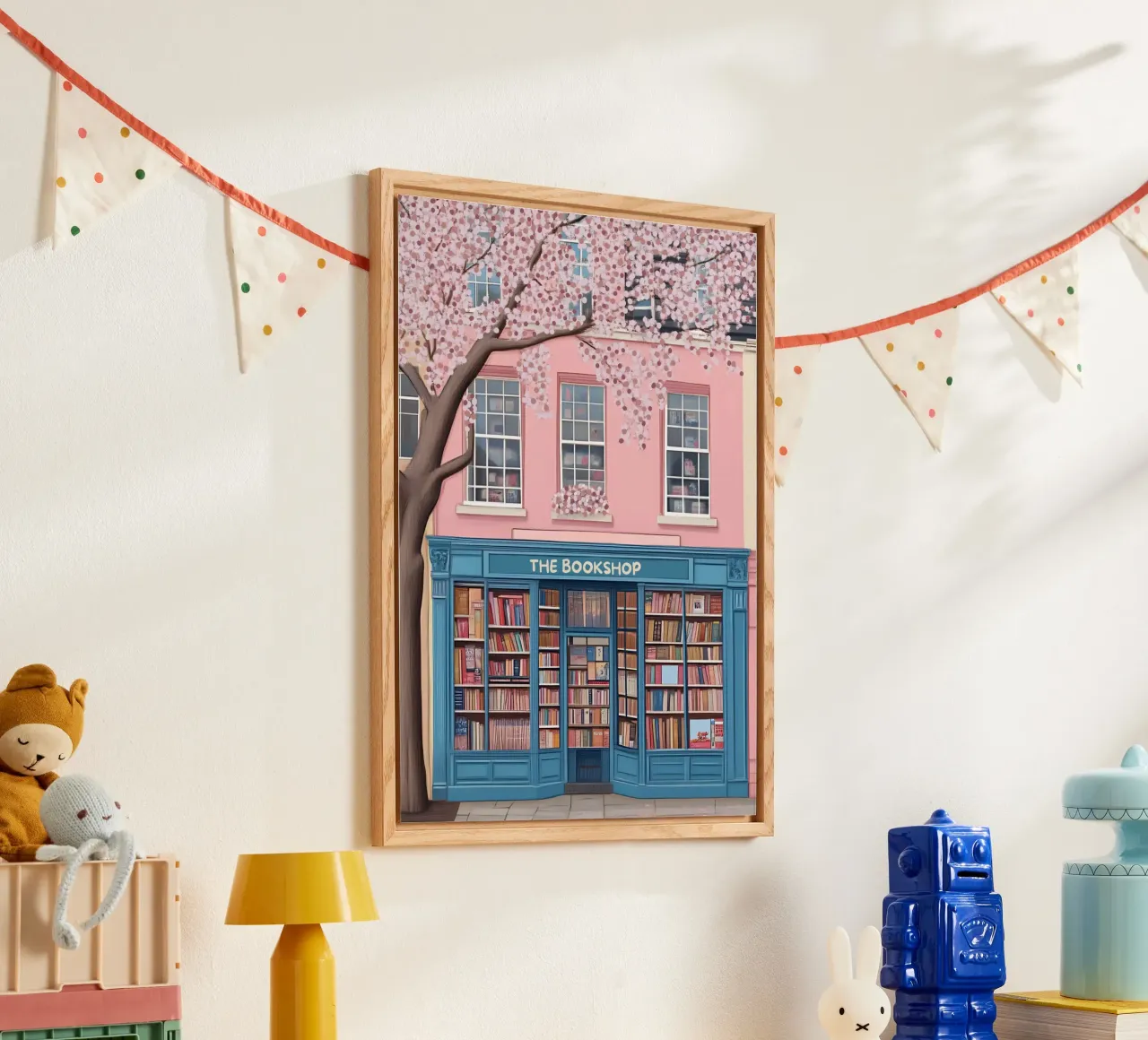 Illustrazione di una libreria di charme con fiori di ciliegio plexiglass da vintagepod