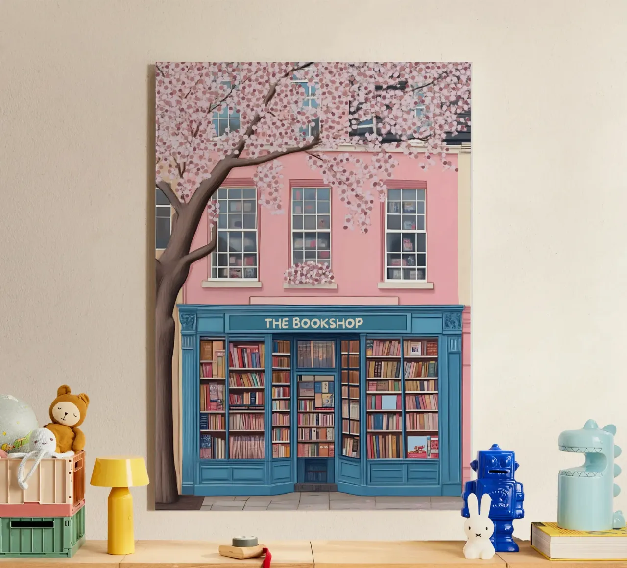 Illustrazione di una libreria di charme con fiori di ciliegio plexiglass da vintagepod