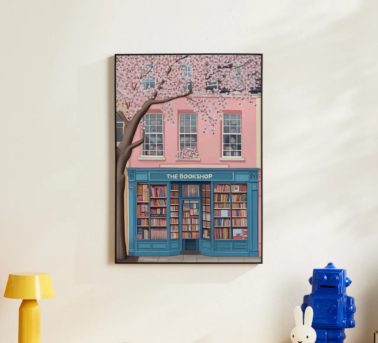 Illustrazione di una libreria di charme con fiori di ciliegio alluminio dibond da vintagepod