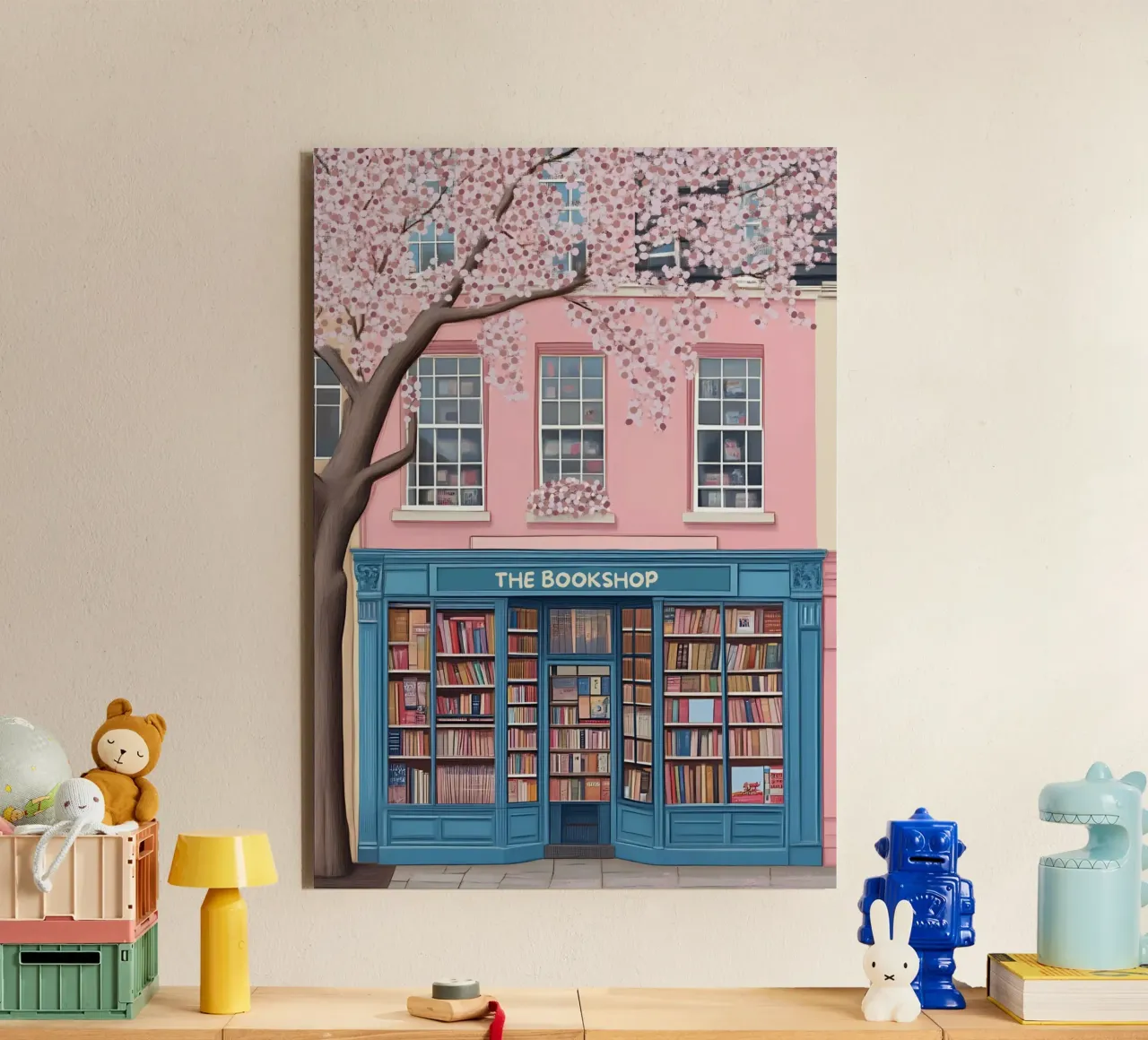 Illustrazione di una libreria di charme con fiori di ciliegio alluminio dibond da vintagepod