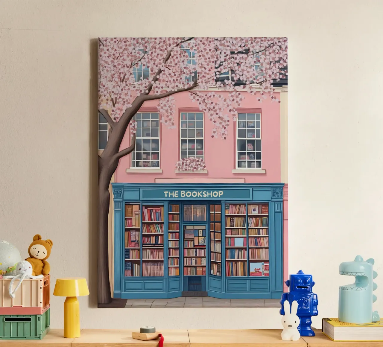 Illustrazione di una libreria di charme con fiori di ciliegio tela da vintagepod